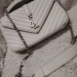 Yves Saint Laurent White Chevron Quilted Leather Monogram Medium College Bag
