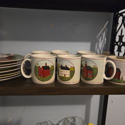 15 Pieces Warren Kimberly / Brandon  . 8 Coffee  Mugs  7 Plate  Red  Barns 8.25j