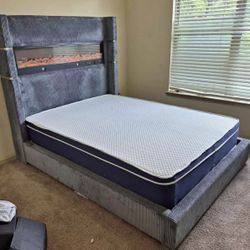 GREY VELVET FIREPLACE bed 🩶 TALL HEADBOARD ✅🛏️✅