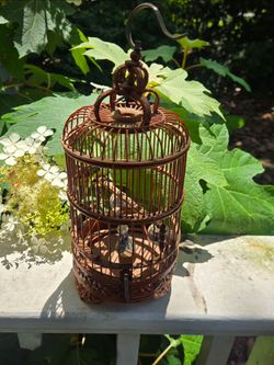 Old Small Asian Bamboo & Teak Bird Cage Curved Asian Chinoiserie Blue & White Asian Vases Inside