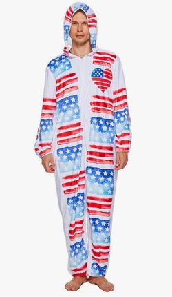 Unisex Adult US-Flag 1-Piece Pajamas Cosplay Cartoon Costume July of 4th Sleepwear Jumpsuit Homewear