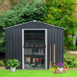 Outdoor 8ft x 10ft Metal Storage: Black, for Garden Lawn Tools, with Solid Foundation