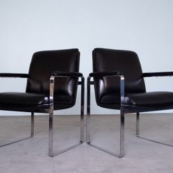 Pair Of 1960’s Mid Century Modern Chrome & Leather Armchairs 