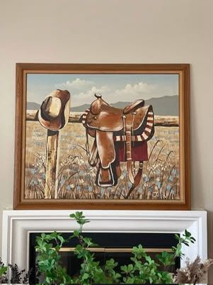 Huge Wall Art Painting Medieval-style Western Cowboy Saddle 42" x 50"