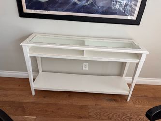 IKEA White Console Table with Glass Top & Storage Shelves – 52”