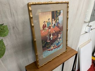 Vintage Painting of Asian Village on Water