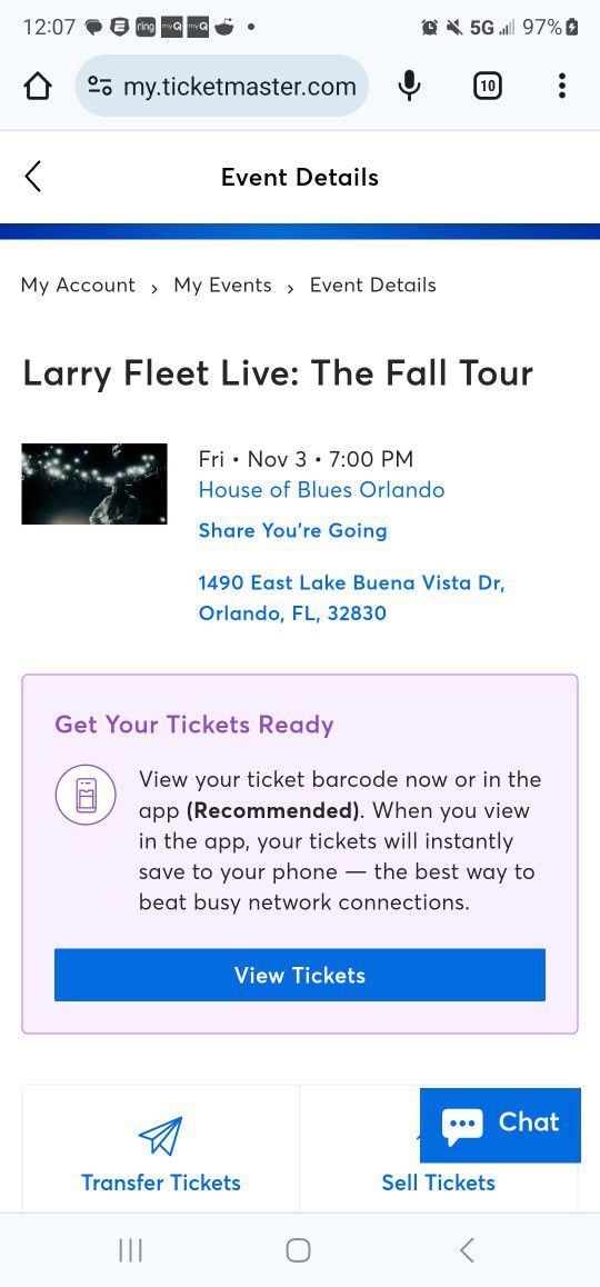 2 Tickets - Larry Fleet - ORLANDO