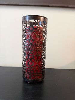 World Market Rustic Metal cylinder candle holder with candle