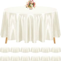 12 Pack Ivory Satin Tablecloth, 120 Inch Round Silky Satin Table Cloth, Bright Silk Tablecloth Smooth Fabric Table Covers Overlay Silky Tables Decorat