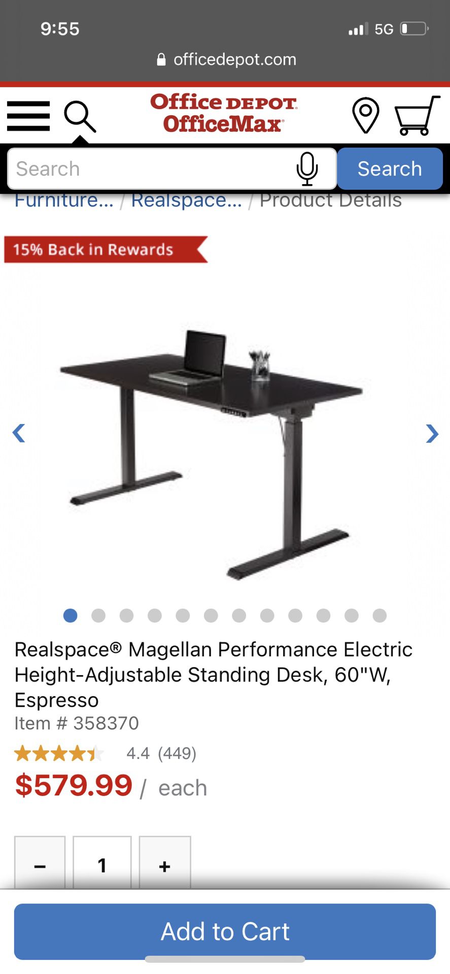 Realspace Magellan Performance Electric Height-Adjustable Standing Desk, 60"W, Espresso