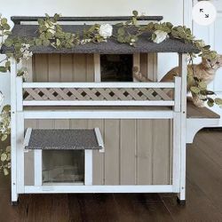 Outdoor Cat House 2 Story Wooden Houses for Indoor Outside Feral Cat House with Balcony Waterproof, Escape Doors