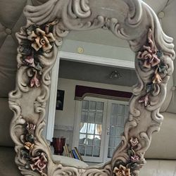 Capodimonte Mirror- Vintage Ceramic Floral Roses Mirror Made In Italy