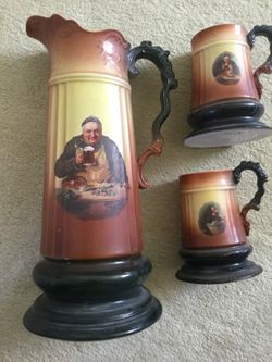 Antique National China Co E.L.O Monk & Friar Tall Tankard & 6 Steins, 1(contact info removed)