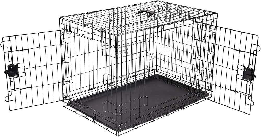 Amazon Basics Portable, Easy to Assemble, Foldable Metal Wire Dog Crate with Removable Tray, Double Door, Divider Panel, Handle, 36" x 23" x 25", Blac