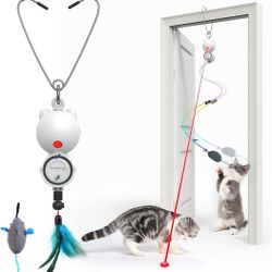 Interactive Cat Toys LED Light Hanging Cat Toys for Indoor Cats, Cat Wand Toy Cat Feather Toy, Feather & Mouse Cat Toys for Bored Adult Cats Kitten Ex