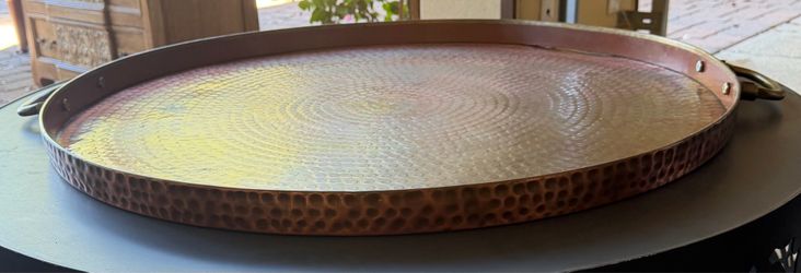copper hammered round tray with handles