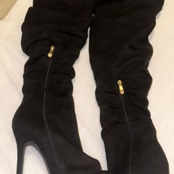 Black Thigh  High Boots Open Toe 