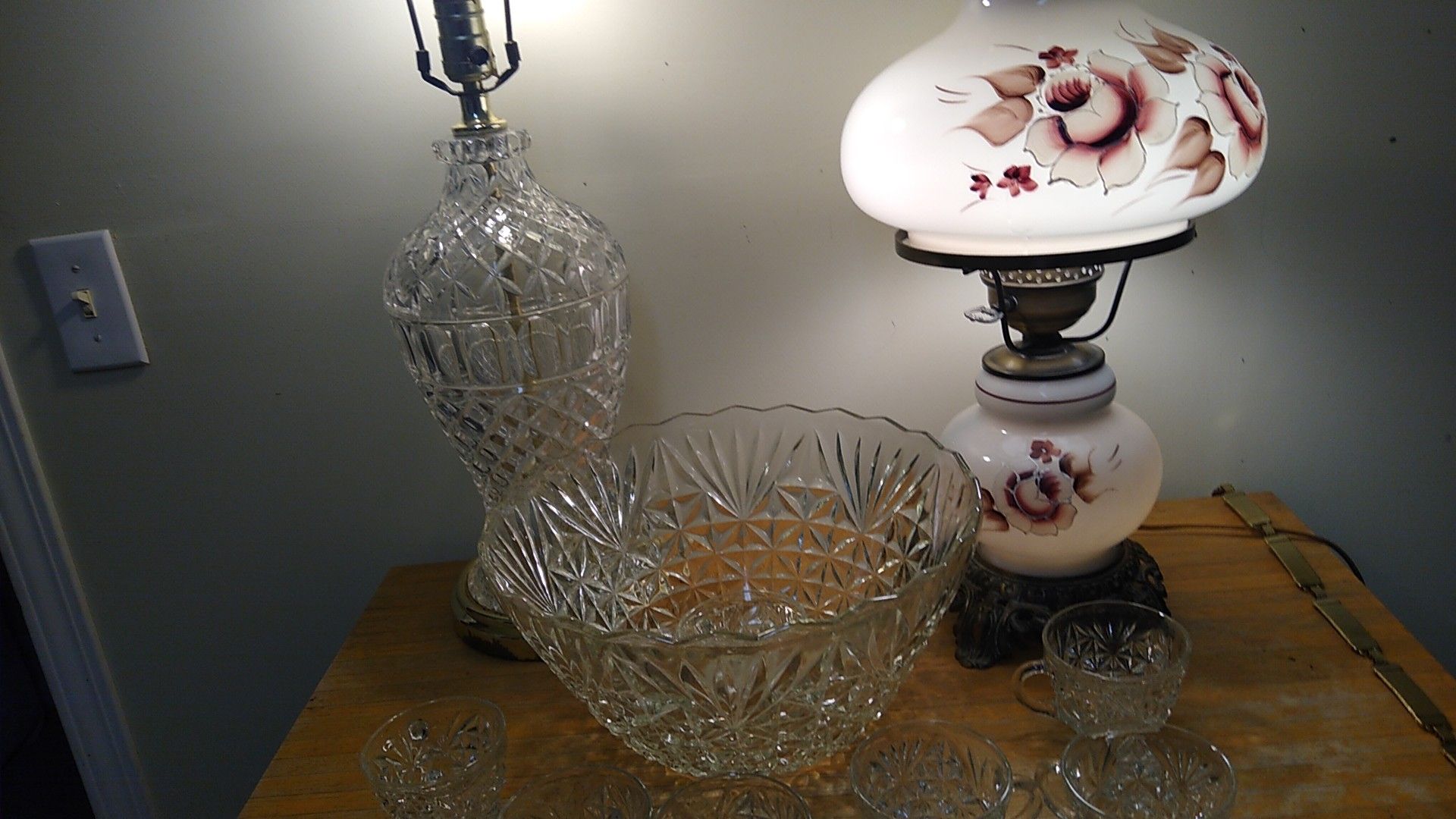 Antique Lamp, Crystal Lamp and Punch Bowl