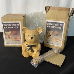Set of 2 Vintage Interpur Stoneware Honey Pot With Wooden Dipper Pottery Bears