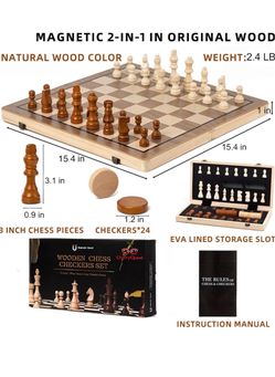 15.5 inch wooden magnetic chess and checker set with magnetic chess pieces