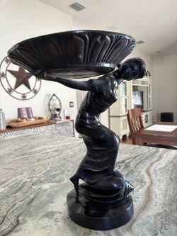 Heavy Vintage Art Deco Centerpiece Bowl - 16" Black Cast Metal Lady Statue