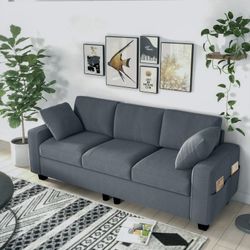 80" Sofa with Armrests & 2 Pillows, 3 Seater Comfy Couch Sofa with Side Pocket