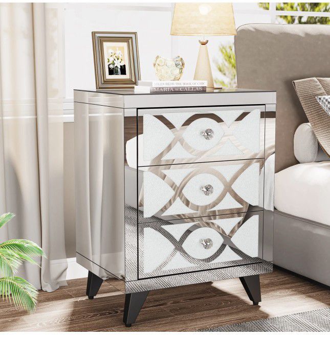 NY153 Mirrored Nightstand with 3 Drawers, Modern Bedside Table for Bedroom