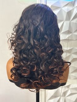 16 Inch Brown Curly Wig with Auburn Highlights 13x1 Lace Frontal Latisha Hair Blend
