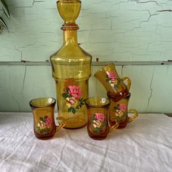  Amber Port Decanter With Painted Flowers & 4 Small 2 oz Glasses With Handles