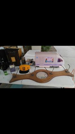 Vintage Solid Wood Coat Rack x8 hooks with beveled round mirror in center vintage oak