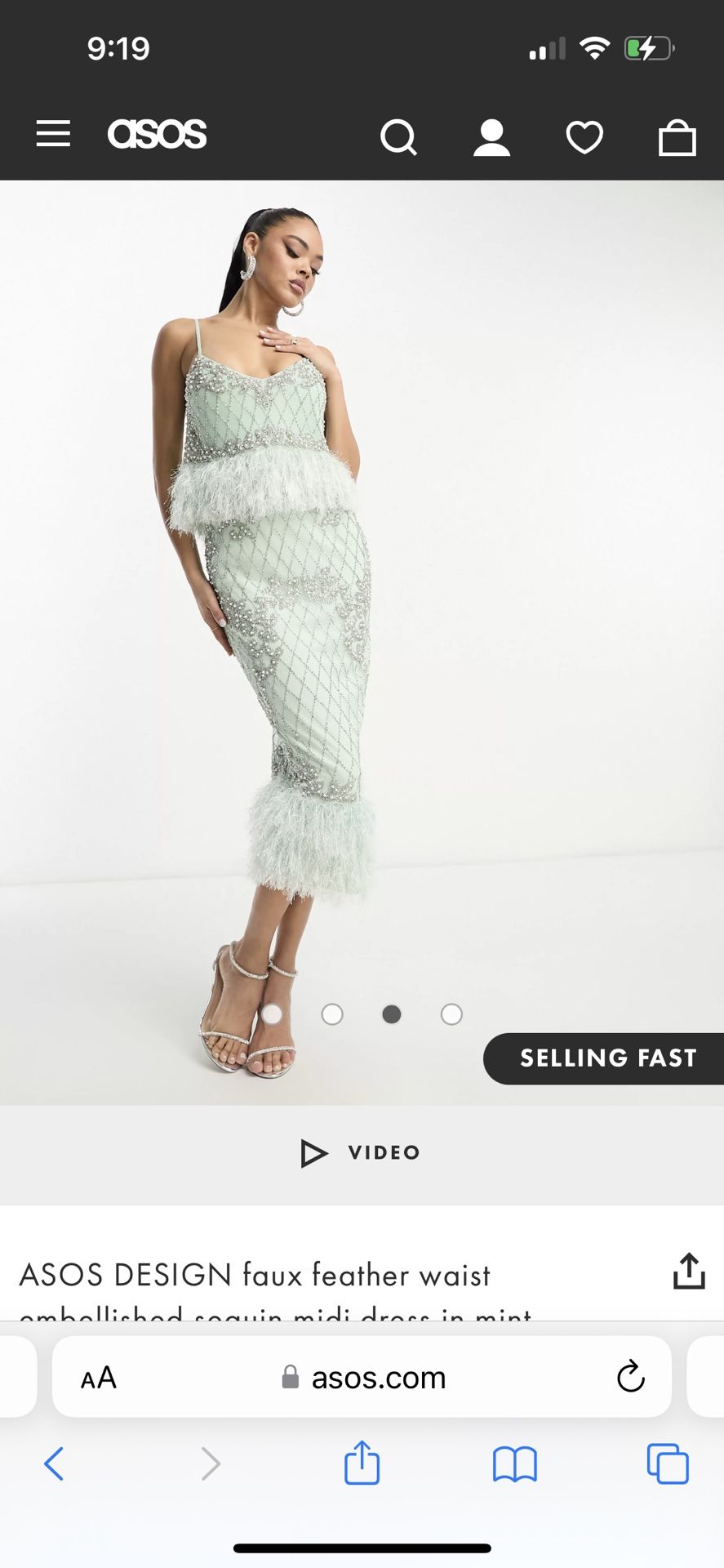 ASOS DESIGN faux feather waist embelished sequin midi dress in MINT