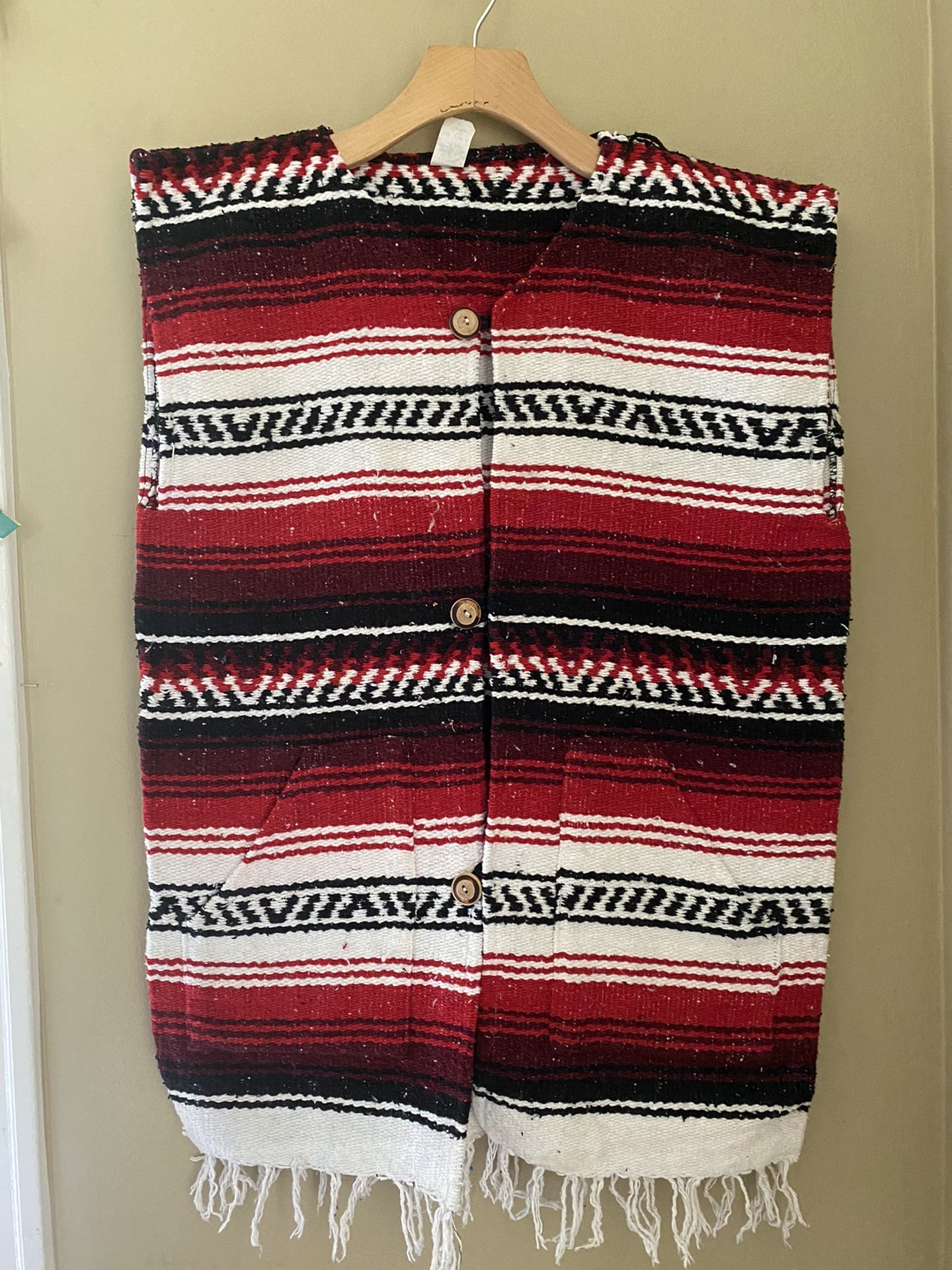 Red Striped Mexican Blanket Poncho VEST western cowboy costume Extra LONG Sz S