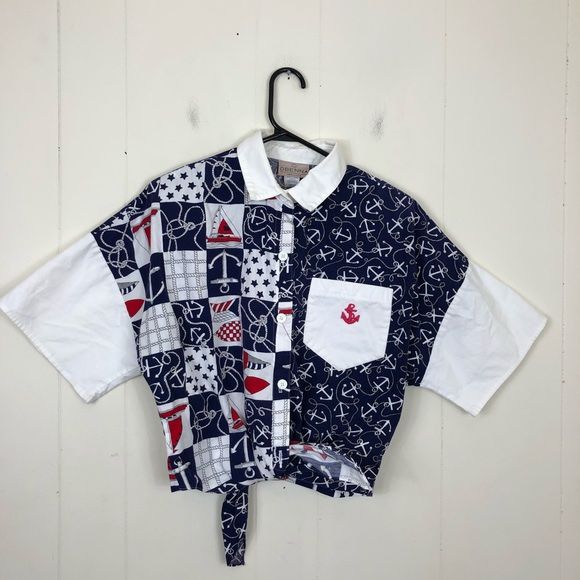 Vintage Nautical Print Button Down Crop Top Sz L