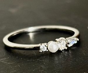 Vintage Sea Mist White Gold Handcrafted Fresh Water Pearl/Baguette Diamond Engagement Ring