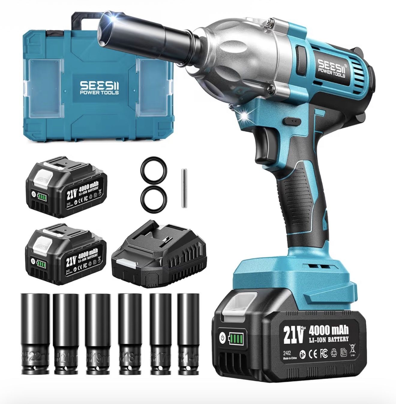 Seesii Impact Wrench 665 FT-LBS 3300IPM 1/2 Impact Gun High Torque Electric Impact Driver Cordless Impact Wrench with 21V 2x4.0Ah Battery 6 Sockets&Ca