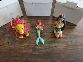 Set Of 3 Vintage Disney Grolier Christmas Tree Ornaments Pocahontas, Little Mermaid And Simba