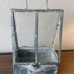Distressed Metal and Glass Decorative Lantern with a Hinged Latch, Missing Glass Pane