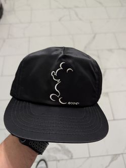 vintage 1980s black satin baseball cap featuring a white embroidered Mickey Mouse