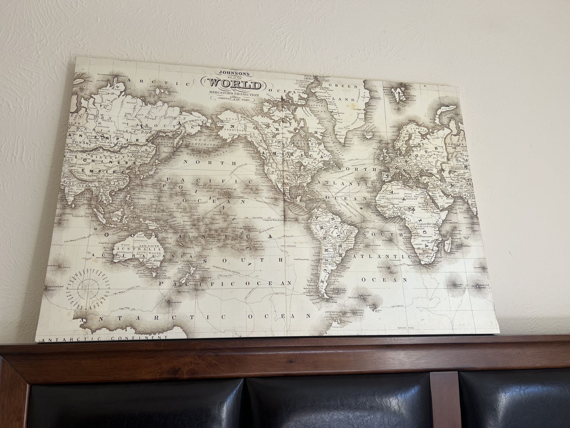reproduction of an 1860s Johnson's Map of the World on Mercator's Projection.