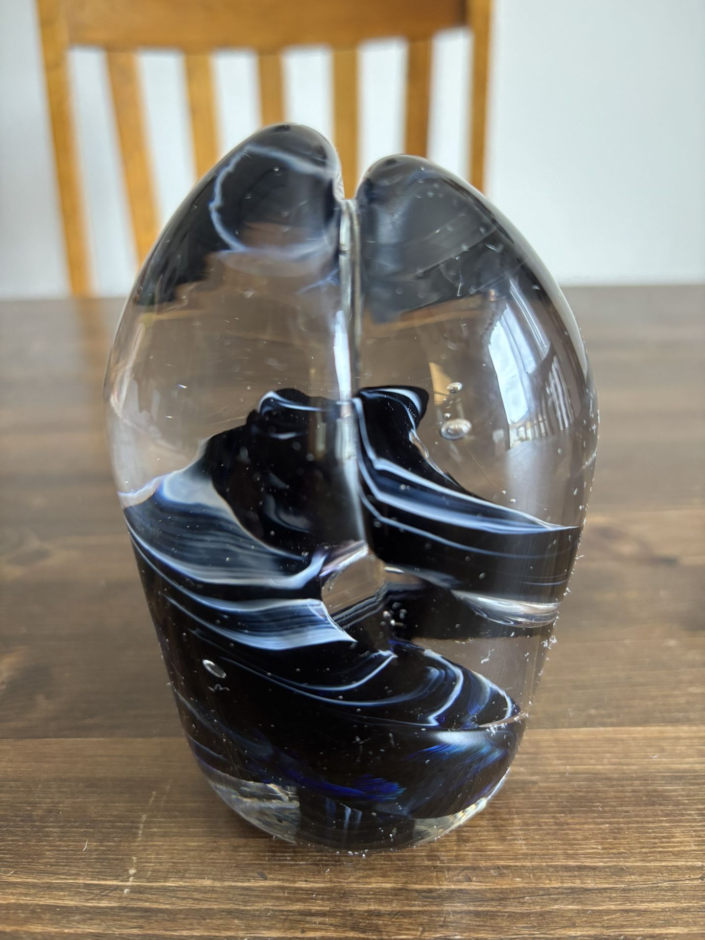 Hand Blown Art Glass Paper Weight Blue Black White Swirls Etched Art By Fire 4”