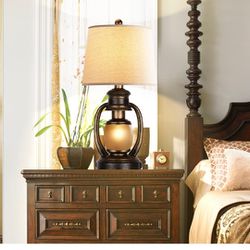 Hamucd Rustic Table Lamps for Living Room Single Lantern Bedside Lamps with Oatmeal Tapered Drum Shades for End Table Bedroom Nightstand Hotel with 2 