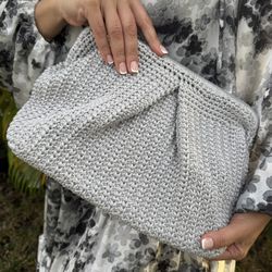 Handmade Silver crochet clutch bag.
