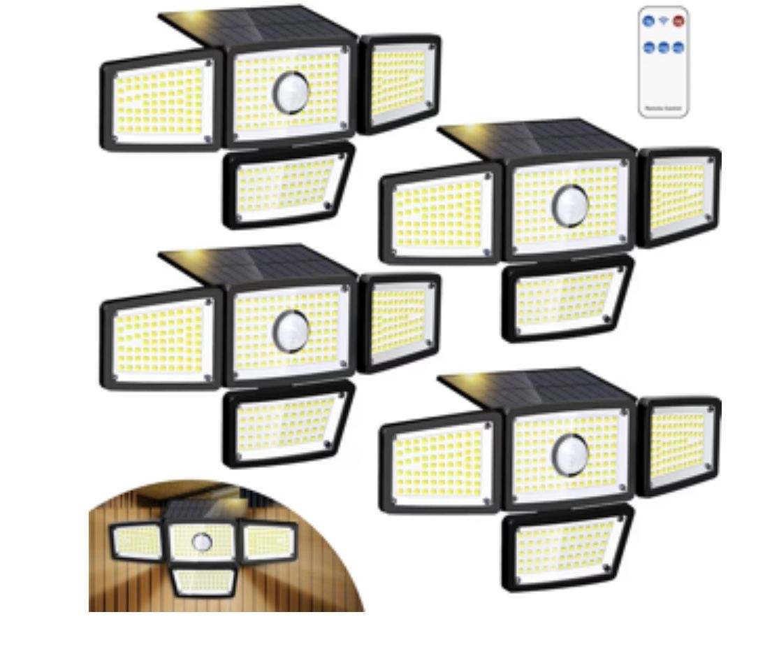 , 4 Heads Sensor Lamp Solar, Motion Sensor Outdoor Lights 3000LM, 283 LED,6500 K, Motion Sensor, IP65 Waterproof, 270° Wide Angle, Security Floodlight