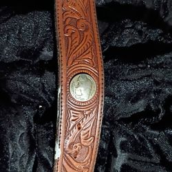 Men's Sterling Silver Leather Belt With 2 Buffalo Nickels 