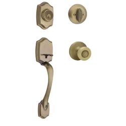 Kwikset Belleview Antique Brass Single Cylinder Door Handleset with Tylo Door Knob Featuring SmartKey Security=U1-414