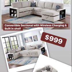 4 Pc Convertible Sectional Sleeper Sofa W Fold Down Table, Chaise Storage, Wireless Charging & Built-in- Shelf 