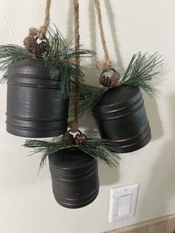 Christmas Rustic metal hanging Jingle bells with faux greenery/ pinecones Decor 