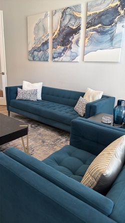 Teal Velvet Tufted Sofa / Modern Couch