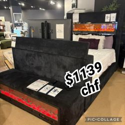 Black Queen Size Bed Frame With Tv Lift  // No Heater on Fireplace - Flame Box Display Only