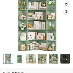 Homfa 73.9” Tall Corner Bookcase, 6 Tier L-Shaped Large Display Bookshelf with Curved Edges for Living Room Home Office Study, Green